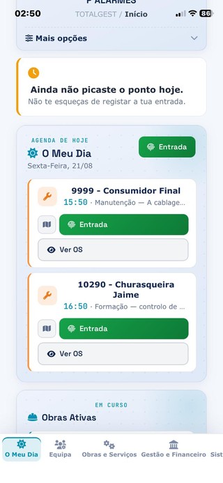Total Gest — app de gestão para equipas técnicas, ecrã 'O Meu Dia'